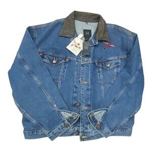 Denim Jacket Deep Gear Spider Logo Leather Collar Men’s XL ID Brand